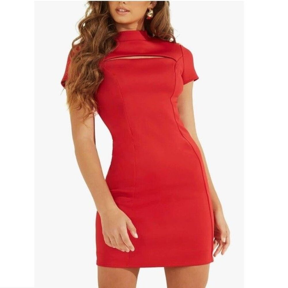 Guess Womens XL Scarlett Red Cutout Mock Neck Short Sleeve Mini Dress NWT BH40